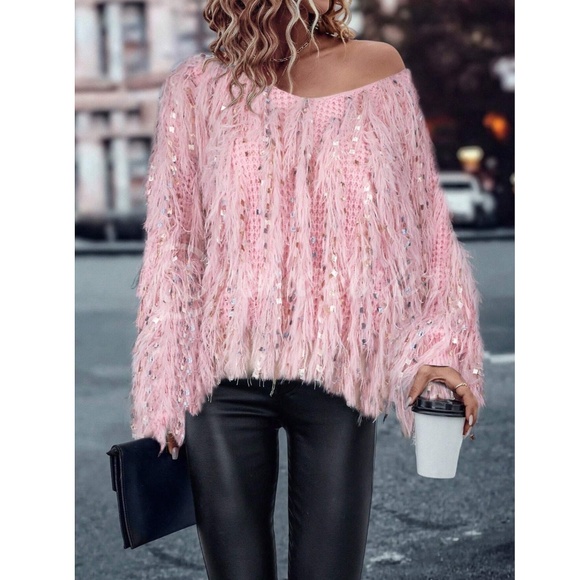 Fun Fuzzy Embellished Pullover Sweater V-Neck Pink Soft and Stretchy Knit - Picture 7 of 11